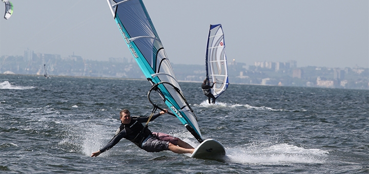 Wind69 windsurfing school in Berdyansk. Stock.