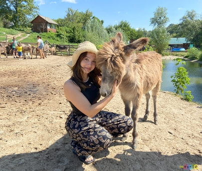 Osloff donkey farm near Kiev, girl with a donkey