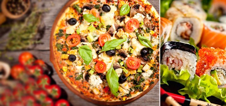 The menu of the Food Man delivery service in Kiev. Order sushi and pizza with stock delivery.